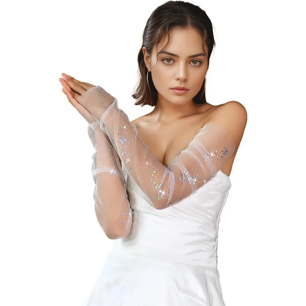 Women's Snow White Tulle Pearl Long Sleeves Gloves Bridal Party Prom Costumes